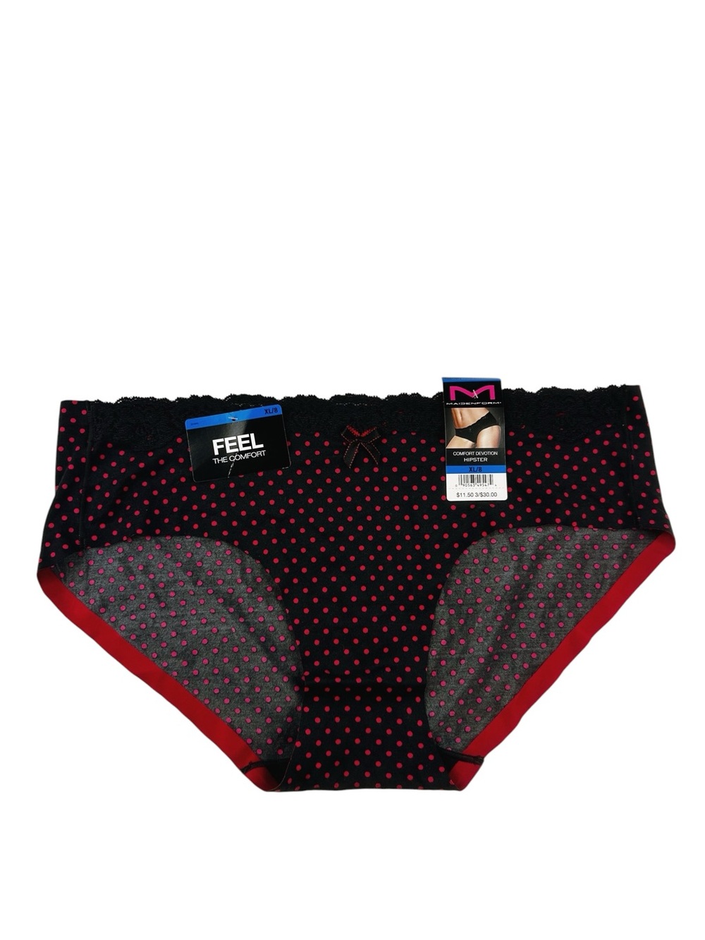 Maidenform Comfort Devotion Lace Trim Hipster Size X-Large Black/Red Polka Dot